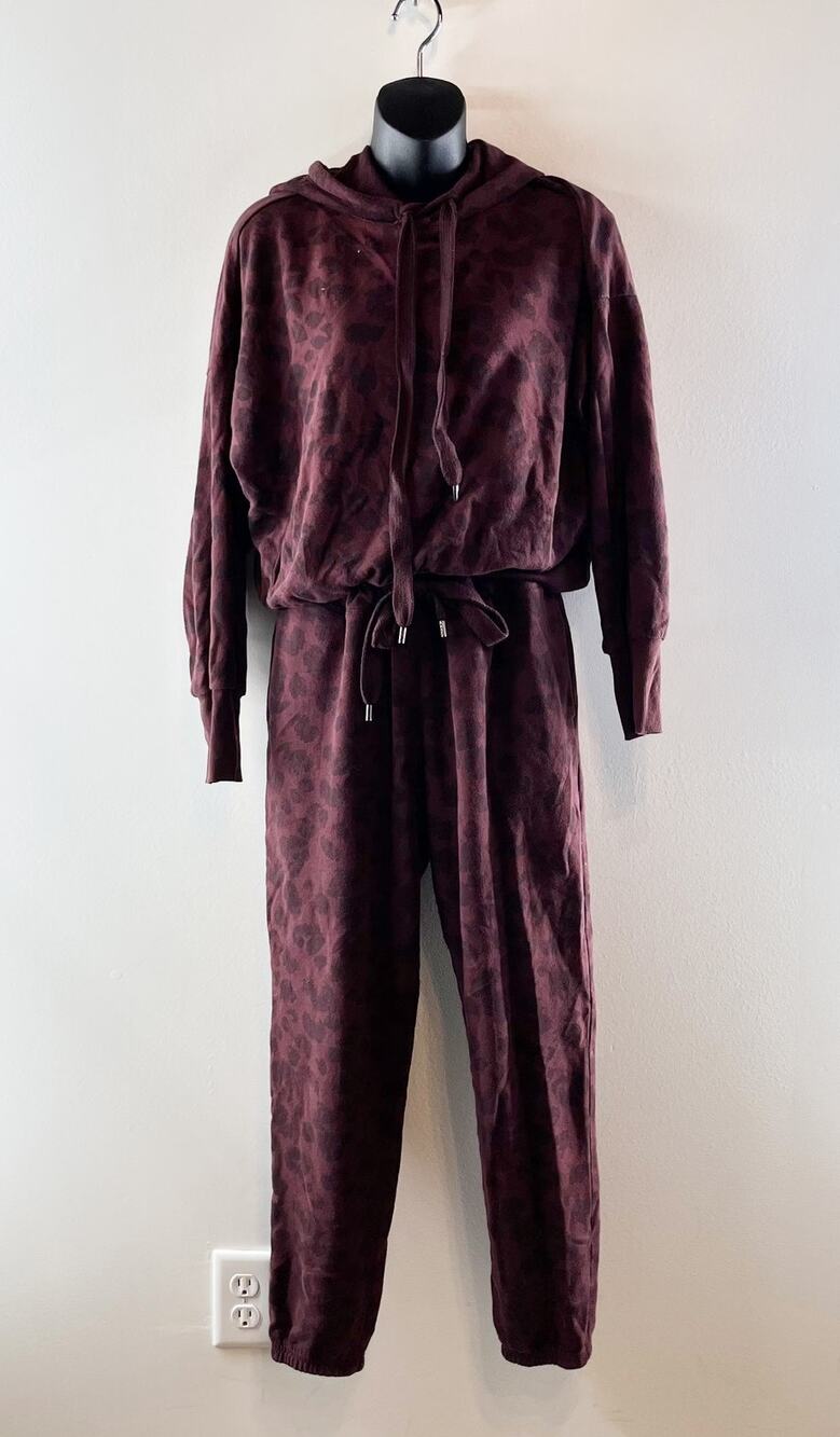 SAGE Collective Hoodie Sweatshirt Matching Jogger Sweatpants Leopard Maroon XS/S